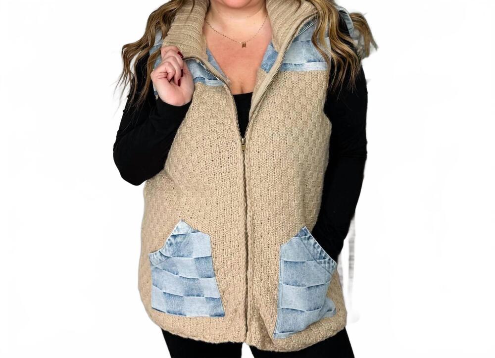 NEW BIBI watch out knit hooded vest in tan